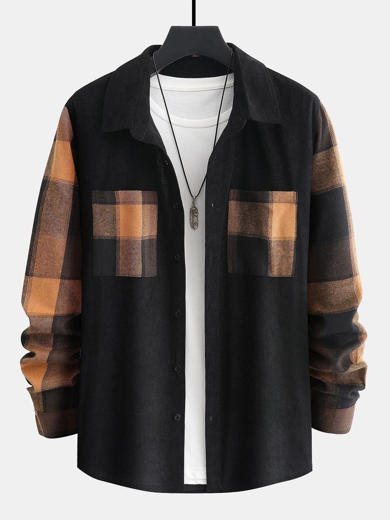Plaid Corduroy Panel Shirt & Chino Cargo Jogger Pants