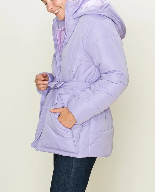 Puffer Double Pocket Waist Tie Hooded Jacket
