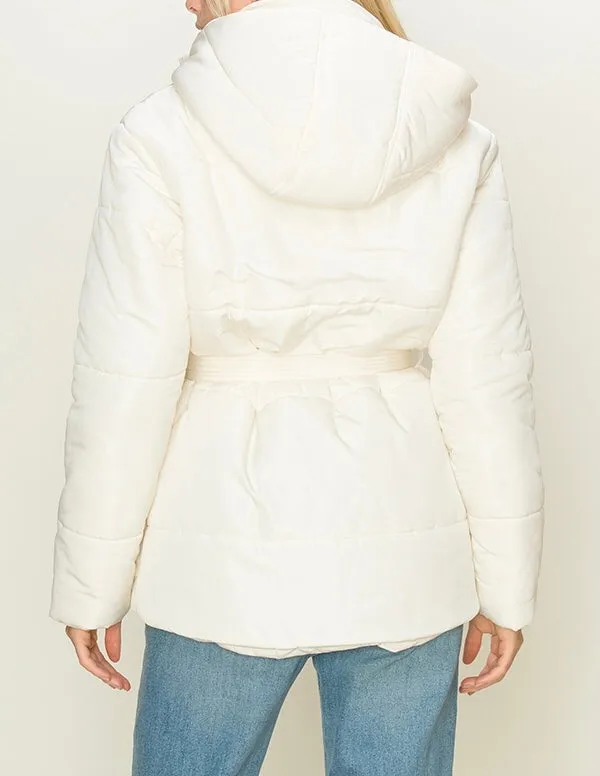 Puffer Double Pocket Waist Tie Hooded Jacket