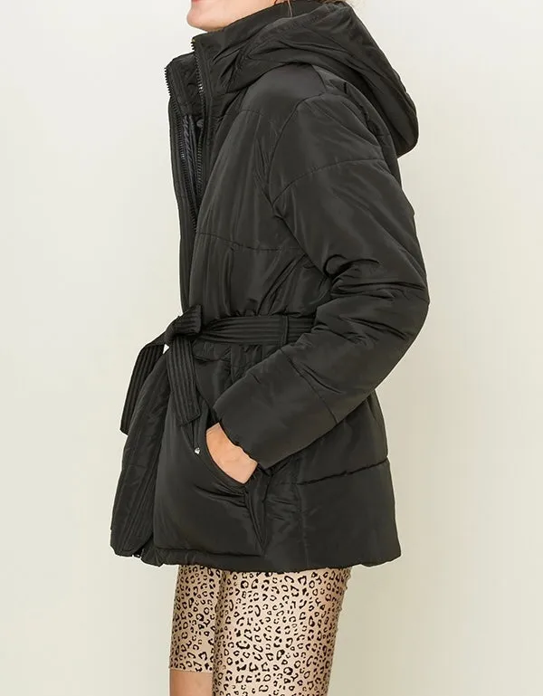Puffer Double Pocket Waist Tie Hooded Jacket