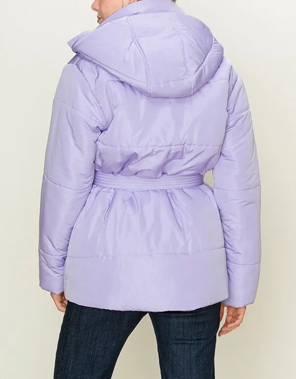 Puffer Double Pocket Waist Tie Hooded Jacket