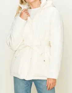 Puffer Double Pocket Waist Tie Hooded Jacket
