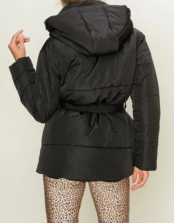Puffer Double Pocket Waist Tie Hooded Jacket