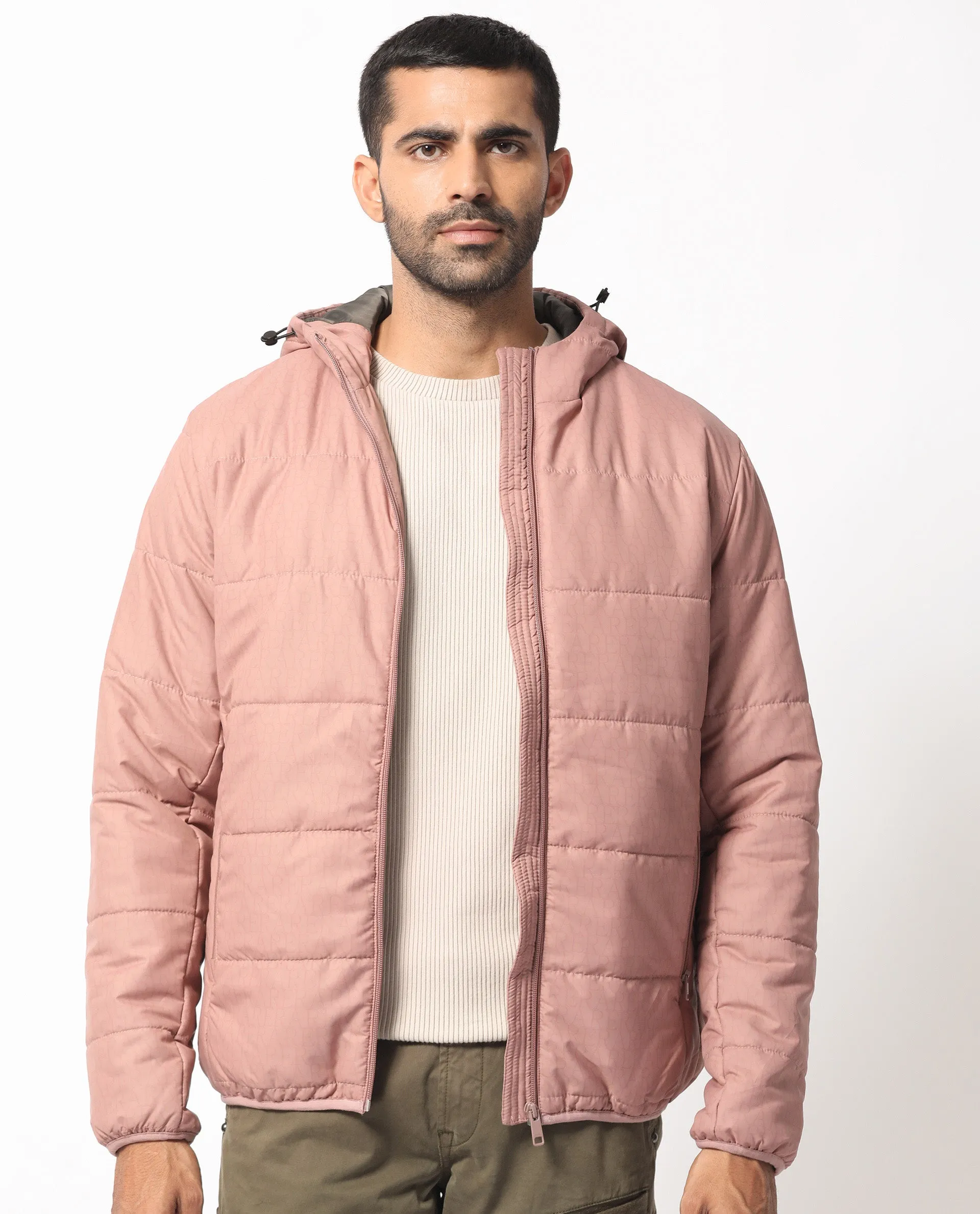 Rare Rabbit Men's Vasto Dusky Pink Branded And Hooded Puffer Jacket