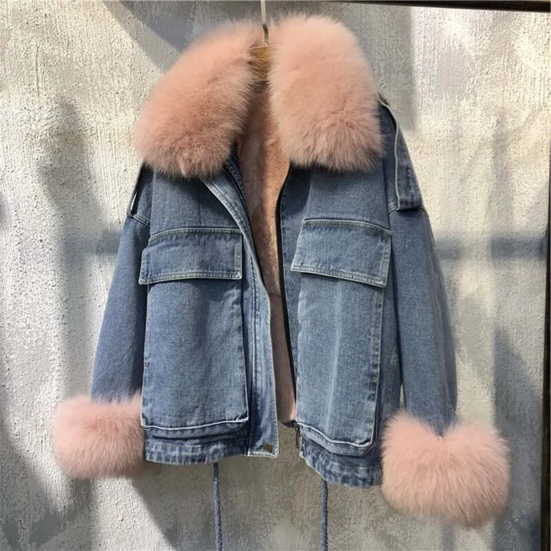 Women's Winter Casual Loose Denim Parka With Fox Fur