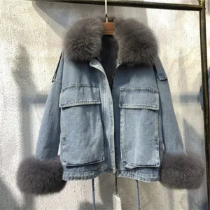 Women's Winter Casual Loose Denim Parka With Fox Fur