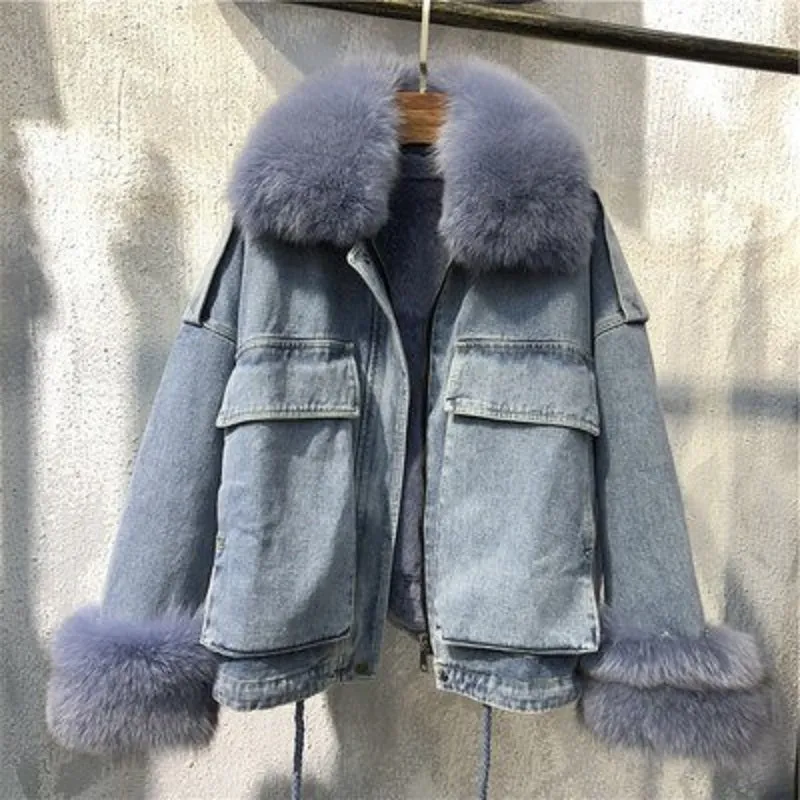 Women's Winter Casual Loose Denim Parka With Fox Fur