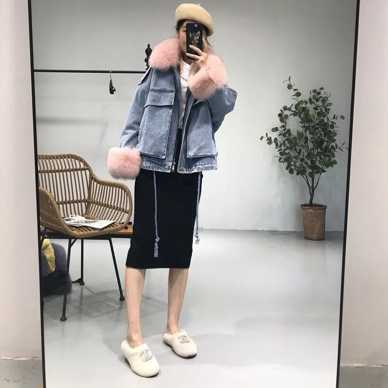 Women's Winter Casual Loose Denim Parka With Fox Fur