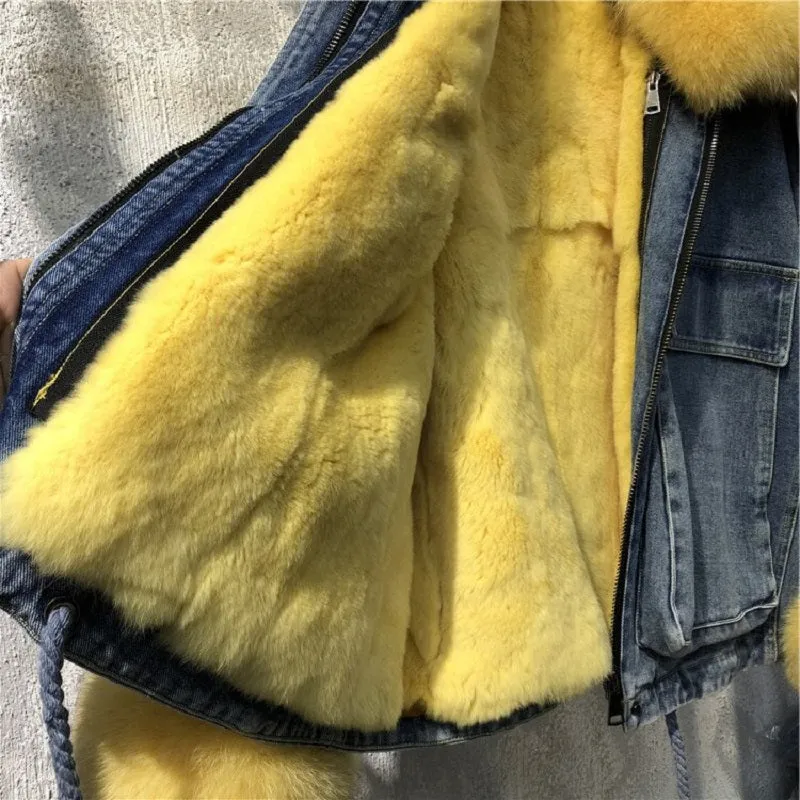 Women's Winter Casual Loose Denim Parka With Fox Fur