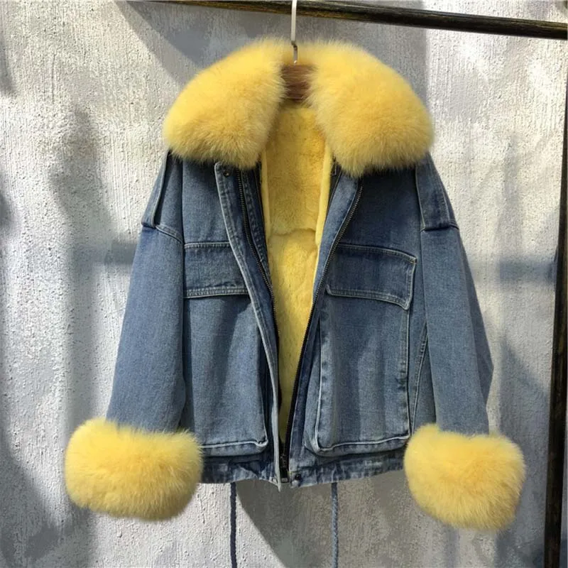 Women's Winter Casual Loose Denim Parka With Fox Fur