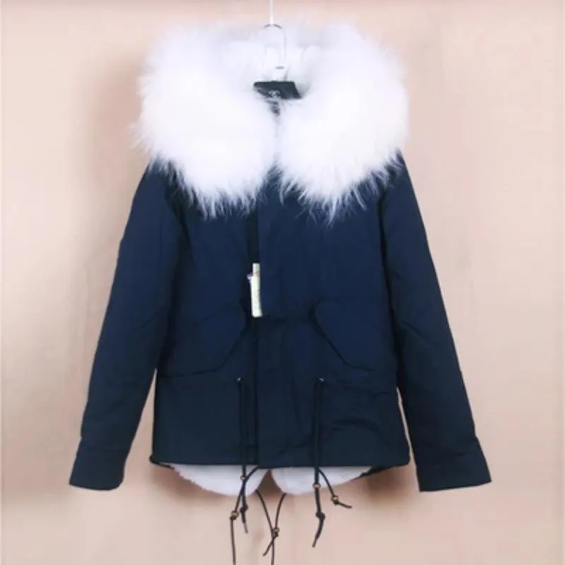 Women's Winter Casual Polyester Hooded Short Parka With Raccoon Fur