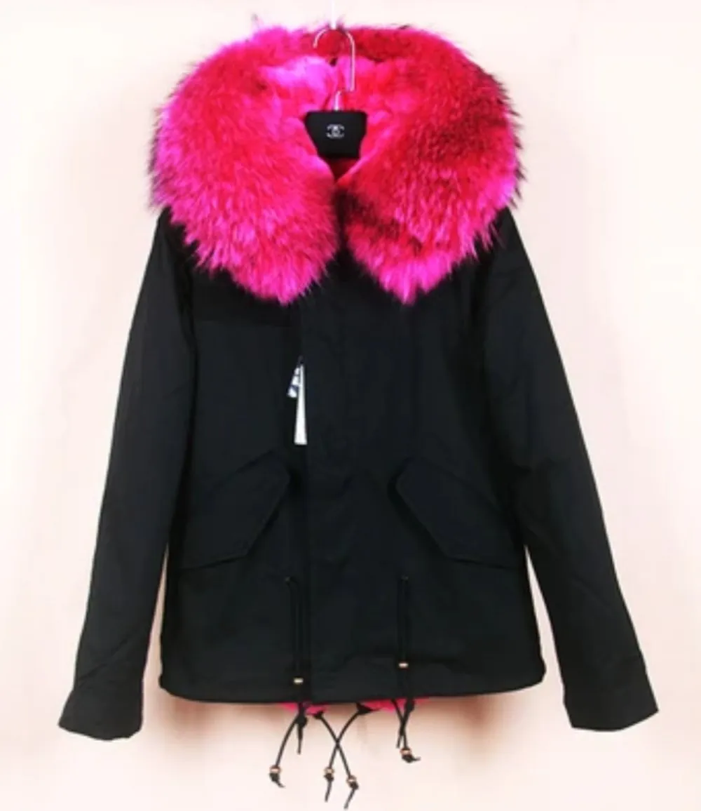 Women's Winter Casual Polyester Hooded Short Parka With Raccoon Fur