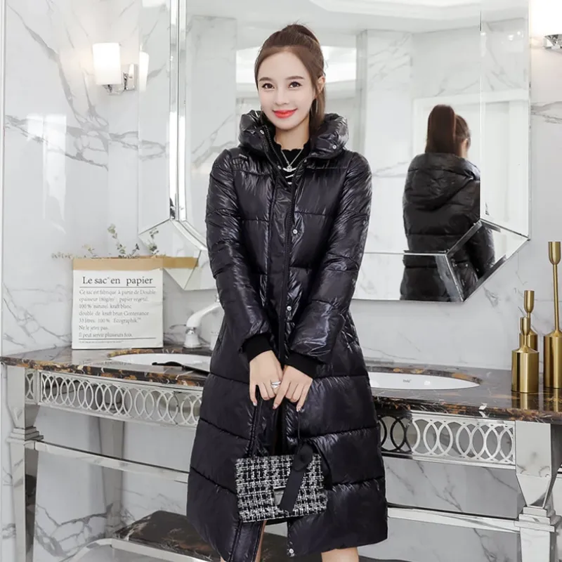 Women's Winter Casual Shiny Hooded Padded Long Parka