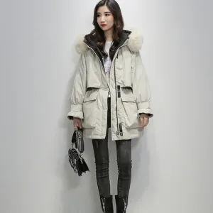 Women's Winter Polyester Hooded Warm Parka With Fox Fur