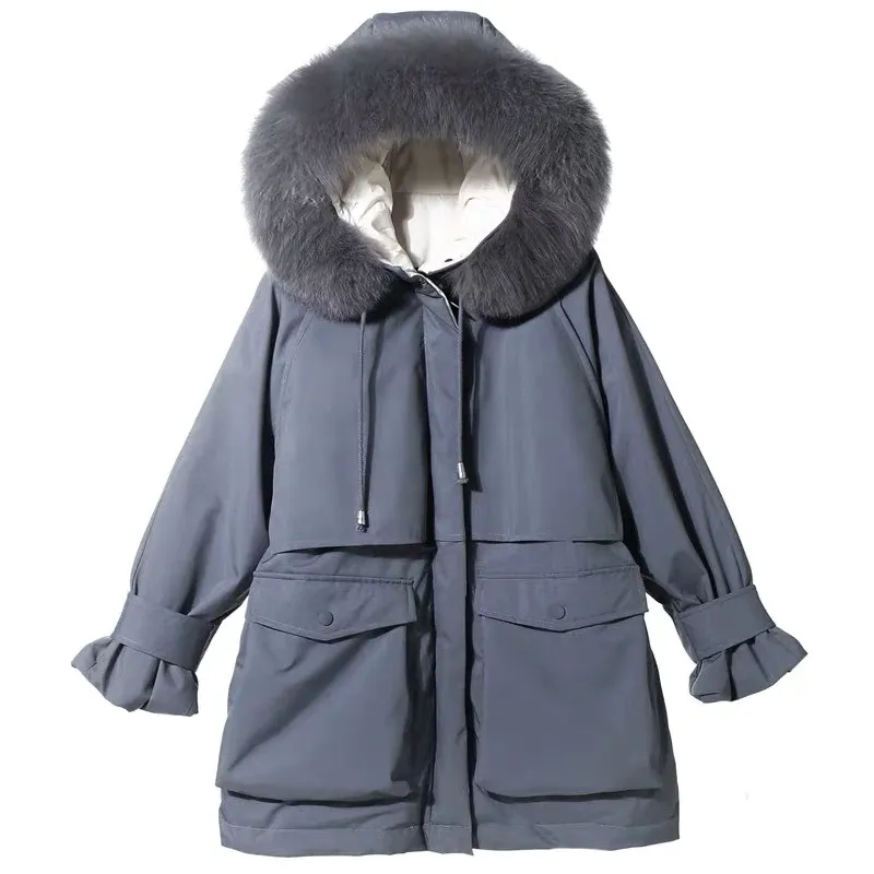 Women's Winter Polyester Hooded Warm Parka With Fox Fur