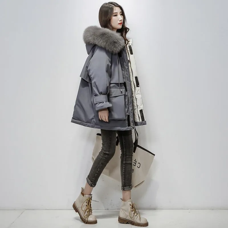 Women's Winter Polyester Hooded Warm Parka With Fox Fur