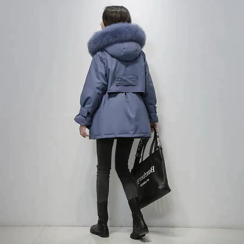 Women's Winter Polyester Hooded Warm Parka With Fox Fur