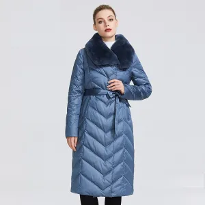 Women's Winter Windproof Thick Belted Parka With Rabbit Fur