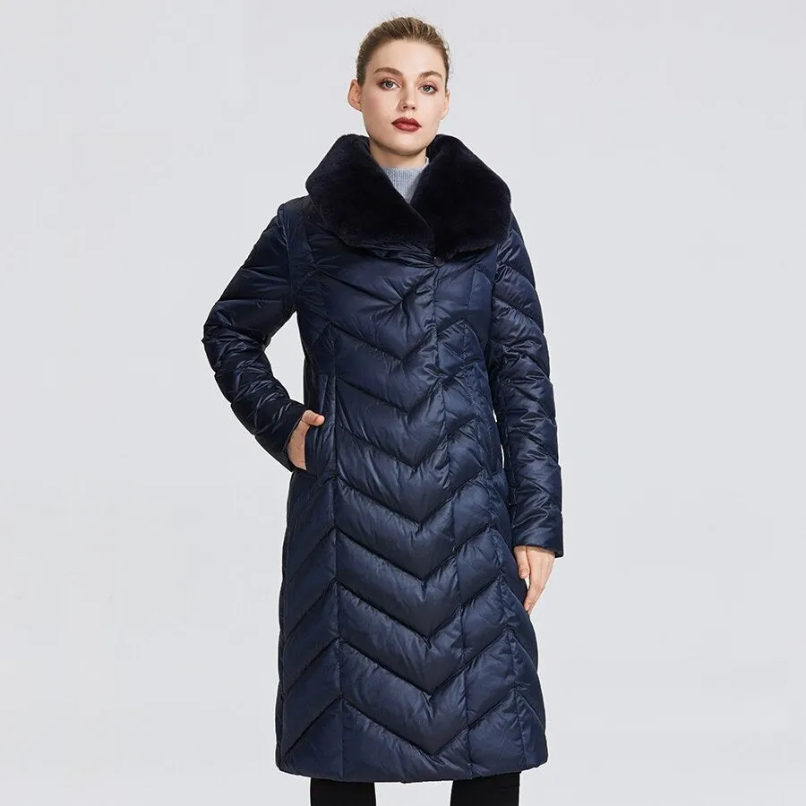 Women's Winter Windproof Thick Belted Parka With Rabbit Fur